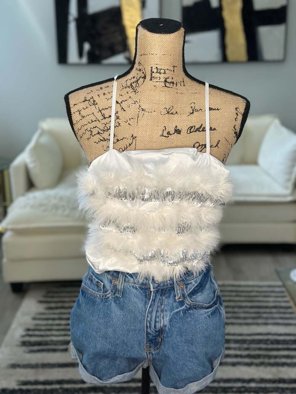 White Feather-Trim Satin Camisole with Sparkle Trim